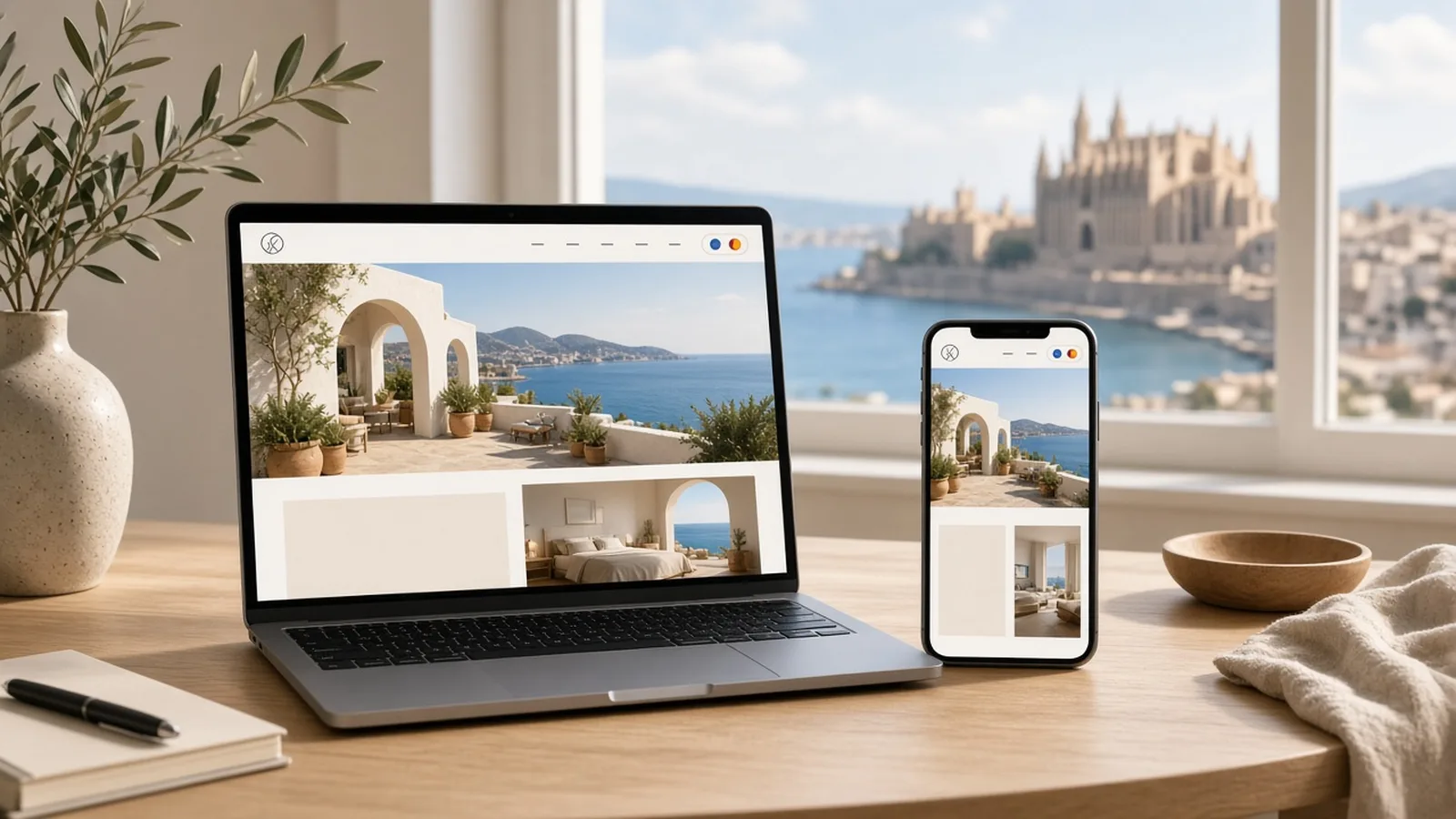 Laptop and phone showing a small hotel's multilingual website, with Palma bay and the cathedral in the background