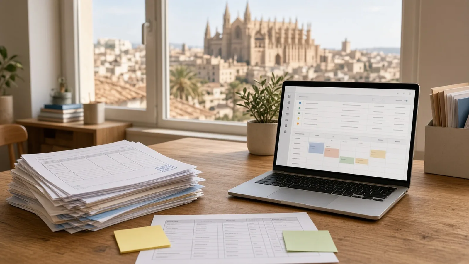 Mesa de oficina en Palma con un portátil que muestra un programa de gestión, una pila de partes en papel y la catedral al fondo